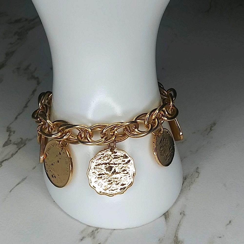 Gold Tone Coin Charm Linked Dangling Bracelet